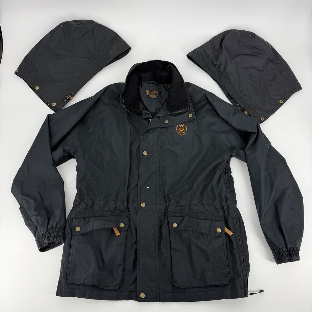 Ariat Chore Jacket COAT Embroidered Patch Hooded BLACK Canvas Womens M (Run Big)